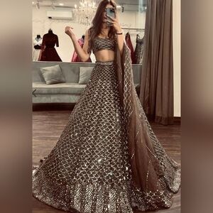 Stunning Silk Brown and Silver Embellished Lehenga Choli